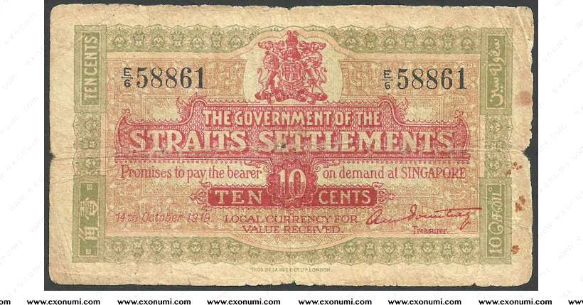 Straits Settlement - 10 Cents Currency Note, 2nd Issue - A. M. Pountney  (1919)